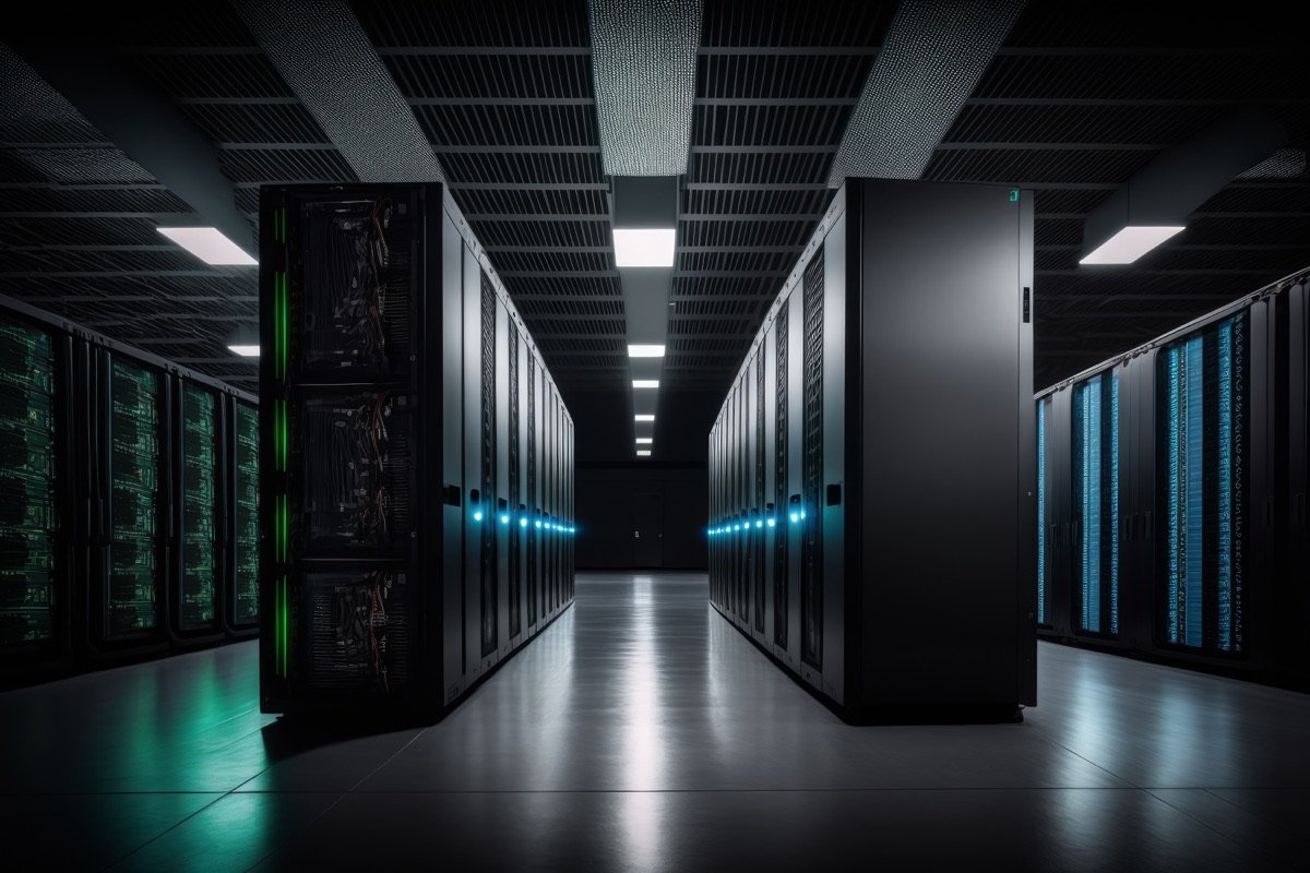 A data center aisle lined with server racks