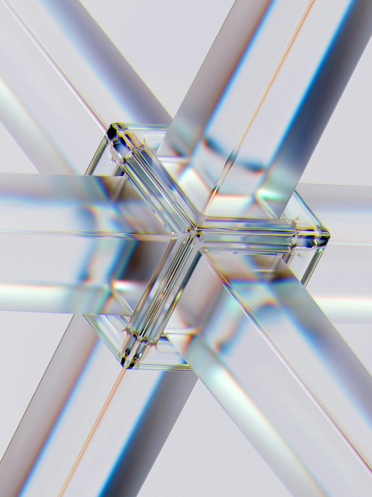 Clear glass bars crossing through a glass cube