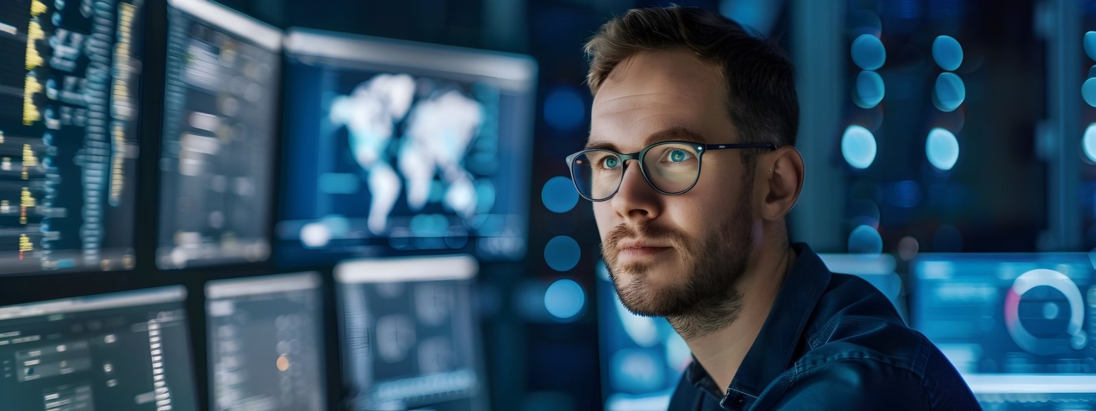 An analyst studying live metrics across a wall of screens