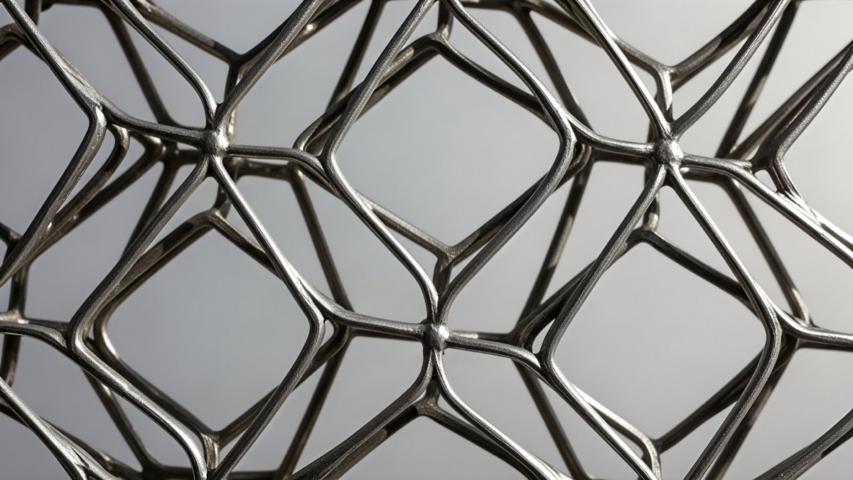 A metal lattice of nodes joined in a repeating pattern
