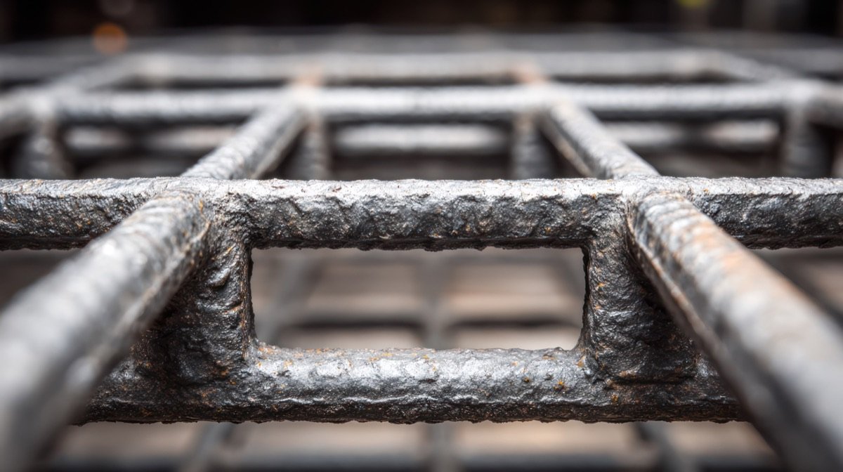 A steel grate of welded bars, close up